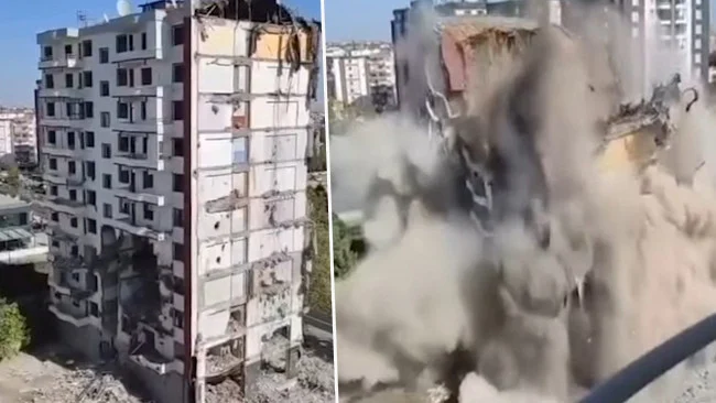 Diyarbakırda Depremde Hasar Gören 11 Katlı Bina Kontrollü Yıkım Anında Çöktü
