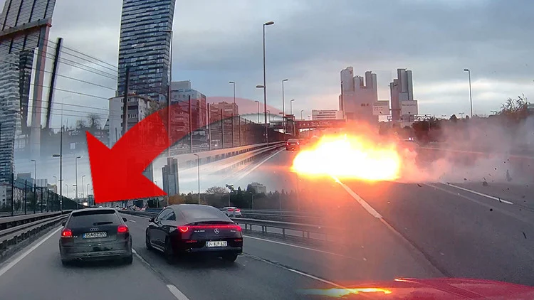 Şişli’de makas atan otomobil alev topuna döndü, motoru yola fırladı! Dehşet dolu anlar kamerada